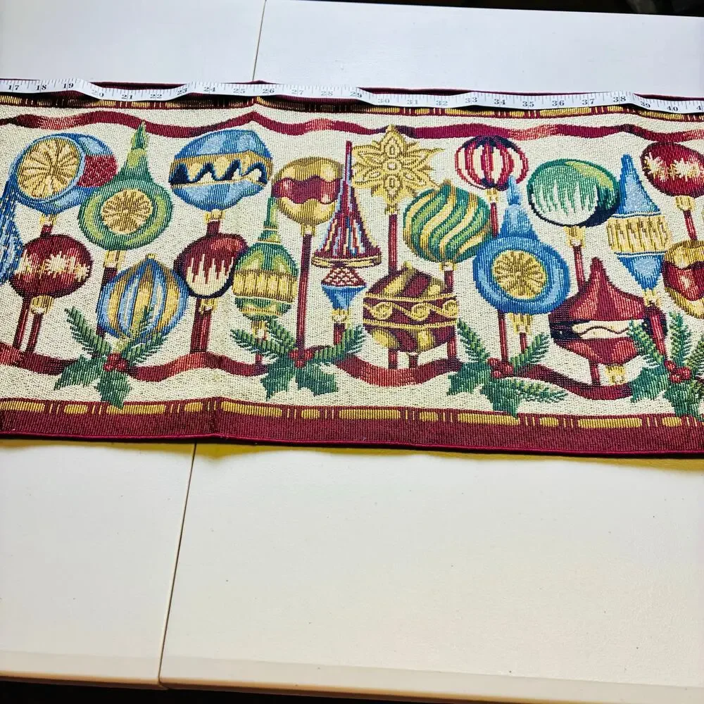 Vintage Christmas Tapestry Table Runner Holiday Ornament Garland Fringe 50